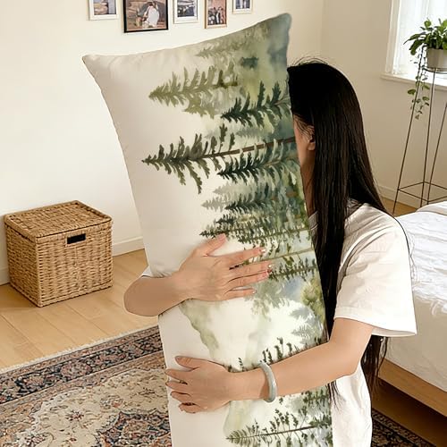 Watercolor Mountain Forest 20x54 Body Pillow Cover, Farmhouse Rustic Green - Image 6