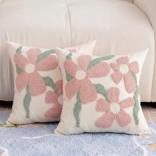 Summer Floral Throw Pillow Covers 18x18 Inch Set of 2, Chenille Embroidered by CITYJUN