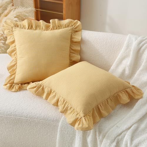 Gingham Throw Pillow Covers 18x18, Mustard/White, Ruffle Trim by Jilboo