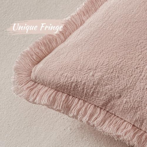 MIULEE Linen Fringe Decorative Lumbar Throw Pillow Covers Light Pink 12x20 - Image 3