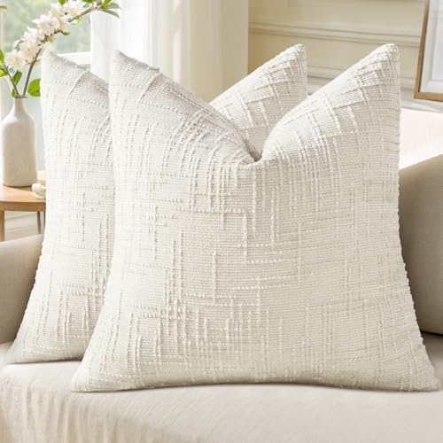 decorUhome Textured Chenille Throw Pillow Covers 20x20 Set of 2 Cream White by decorUhome