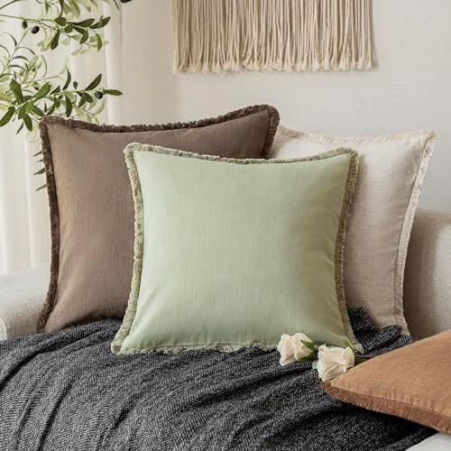 Foindtower Decorative Linen Fringe Throw Pillow Covers 20×20 Light Green - Image 5