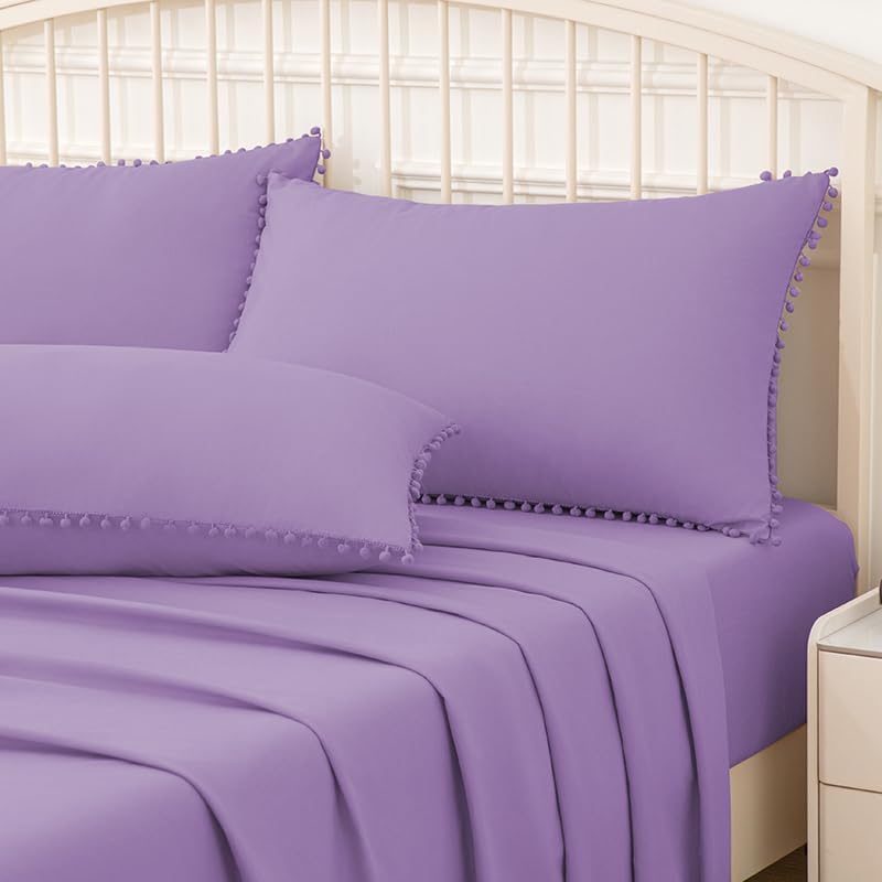 Pom Poms Pillow Shams King Size Set of 2, Light Purple Decorative Pillowcases - Image 5