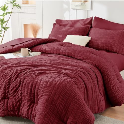 HYMOKEGE Burgundy California King Comforter Set Seersucker 7 Pieces, All Season by HYMOKEGE