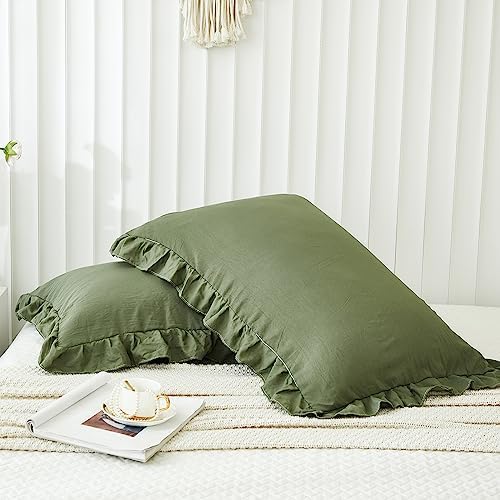 Olive Green Pillow Shams Dark Green Ruffle Queen Pillowcases Cute Pillow Cover - Image 3