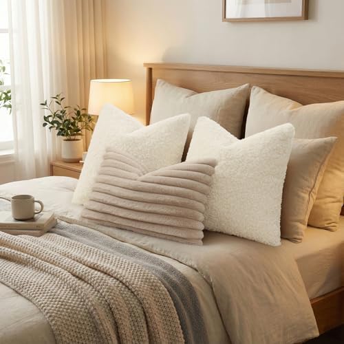 decorUhome Sherpa Throw Pillow Covers 12x20 Set of 2 Neutral Cream - Image 7