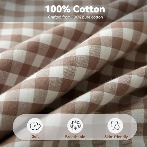 Gingham Throw Pillow Covers 22 x22, Warm Taupe/White, Ruffle Trim - Image 3