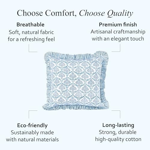 CPC Indigo Regal Hand Block Print 100% Cotton Ruffle Throw Pillow Cover 18x18 - Image 6