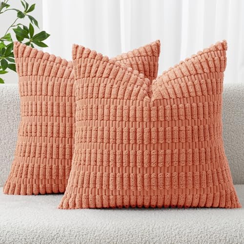 MIULEE Corduroy Decorative Throw Pillow Covers 16x16 Coral Pack of 2 by MIULEE