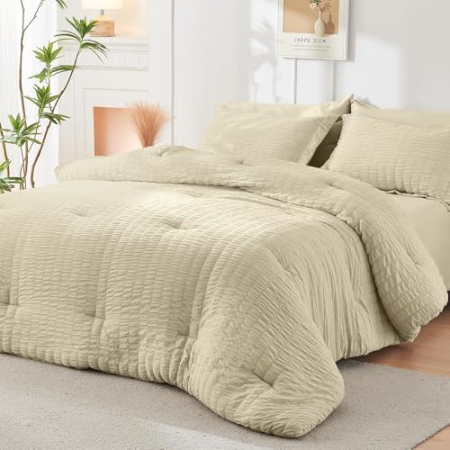HYMOKEGE Oatmeal Queen Comforter Set Seersucker 7 Pieces, All Season Luxury Bed - Image 7