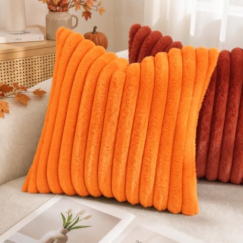 decorUhome Fall Faux Fur Throw Pillow Covers 22x22 Set of 2 Orange - Image 6