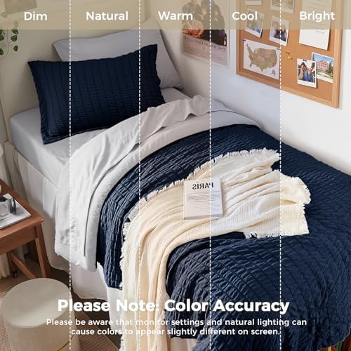 HYMOKEGE Navy Blue/Light Grey Twin Comforter Set Seersucker 5 Pieces, All - Image 5