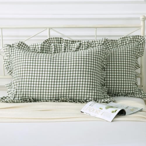 Silnuo Sage Green/White Plaid Ruffled Queen Size Pillow Shams Set of 2 - Image 3