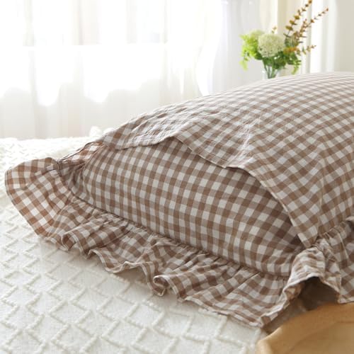 Mywinlle Taupe Plaid Gingham Ruffle Euro Shams 26"x26" - Image 5
