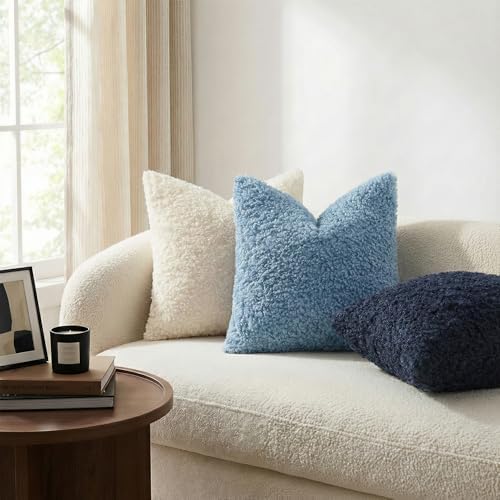 decorUhome Sherpa Decorative Throw Pillow Covers 16x16 Set of 2 Light Blue - Image 2