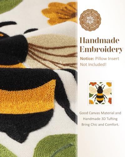 Animal Embroidered Throw Pillow Cover 20x20 Inch, Bee Floral - Image 2