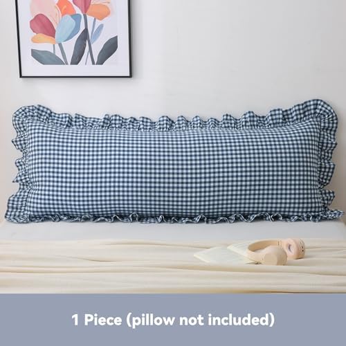Navy Gingham Body Pillow Cover 20x54, Ruffled Cotton Sham - Image 2