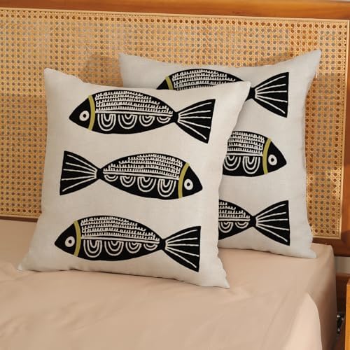 Coastal Pillow Covers 18x18 Inch Set of 2 Ocean Beach Black Fish Throw Pillows - Image 3