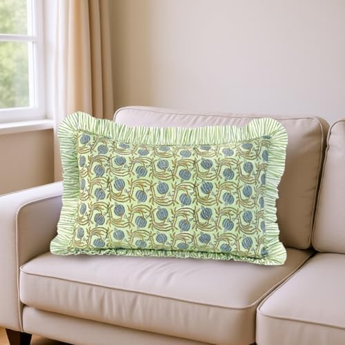 Ridhi Block Print Apple Green Ruffle Lumbar Pillow Shams - Image 3
