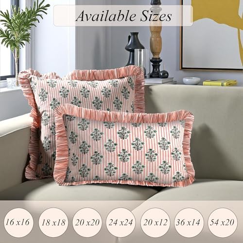Ridhi Salmon Blossom Block Print Ruffle Pillow Covers 16x16 Inch Set of 2 - Image 6