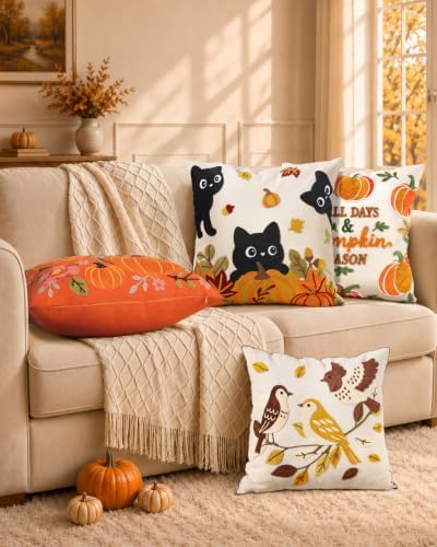 Fall Embroidered Throw Pillow Cover 18x18 Inch, Cat Pumpkin - Image 6