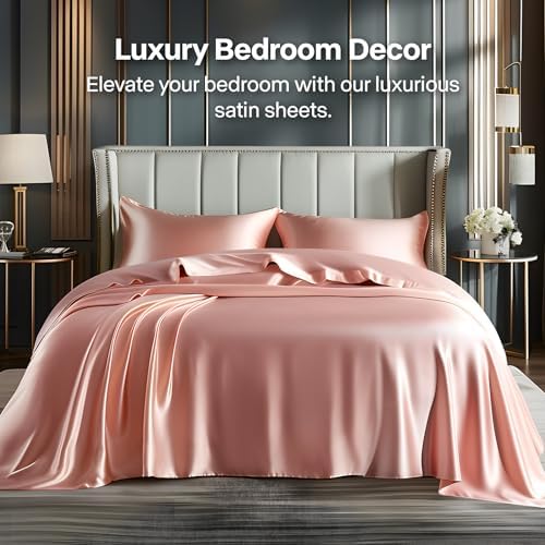 BEDELITE Satin Sheets Queen Size Bed Set, Rose Pink, 4 Pieces - Image 2