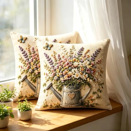 2D Flat Vintage Floral Linen Throw Pillow Covers 18x18 Set of 2 - Image 5