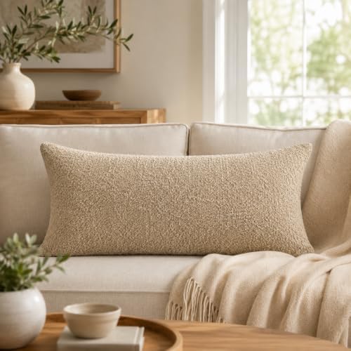 JoraLion 14x24 inch Boucle Lumbar Pillow Cover, Camel Woven Texture Neutral by JoraLion
