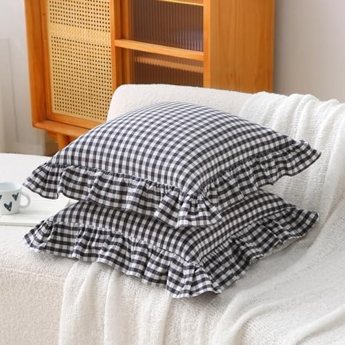 Black/White Gingham Throw Pillow Covers 22x22, Ruffle Trim - Image 7