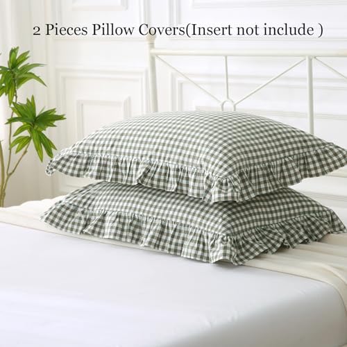 Silnuo Sage Green/White Plaid Ruffled King Size Pillow Shams Set of 2 - Image 5