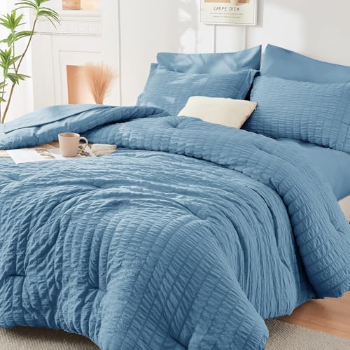 HYMOKEGE Mineral Blue California King Comforter Set Seersucker 7 Pieces by HYMOKEGE