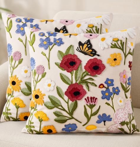Embroidered Throw Pillow Covers 18x18 Inch, Retro Flower by Kokaaee