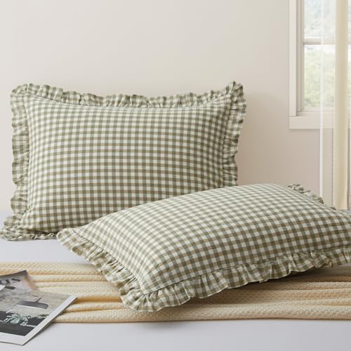 KKJIAF 2 Pcs Plaid Ruffle Pillow Case Queen Size, Sage Green Plaid by KKJIAF