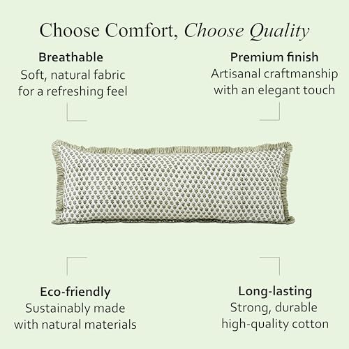 CPC Block Print Emerald Green Ruffle Cotton Lumbar Pillow Cover 20x54 inch - Image 4