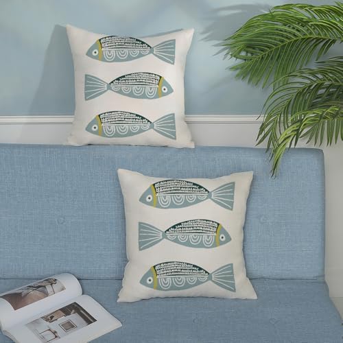 Coastal Pillow Covers 18 x 18 Inch Set of 2 Ocean Beach Blue Fish Throw Pillows - Image 4