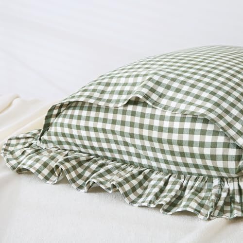 Mywinlle Sage Green Plaid Gingham Ruffle Pillow Shams Queen Size 20"x30" - Image 4