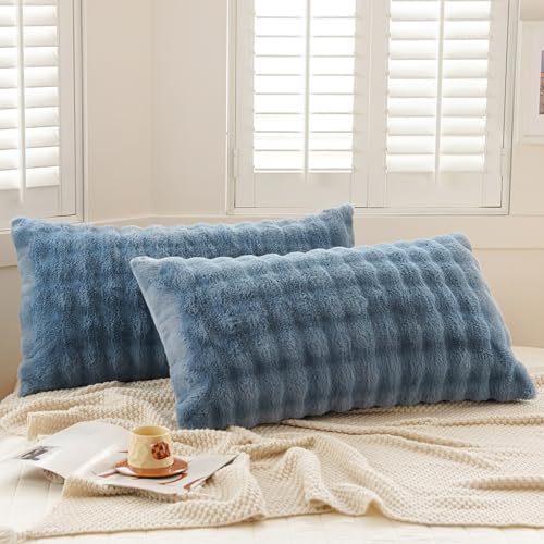Set of 2 Faux Fur Pillowcases, Luxury Bubble Waffle Carved Plush King Size by Uhamho