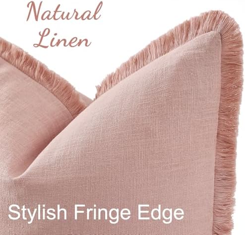 decorUhome Linen Fringe Pink Throw Pillow Covers 22x22 Set of 2 - Image 2