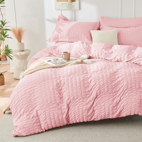 HYMOKEGE Pink Oversized Queen Comforter Set Seersucker 7 Pieces, All Season - Image 2