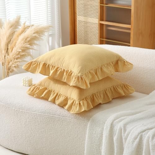 Gingham Throw Pillow Covers 18x18, Mustard/White, Ruffle Trim - Image 7