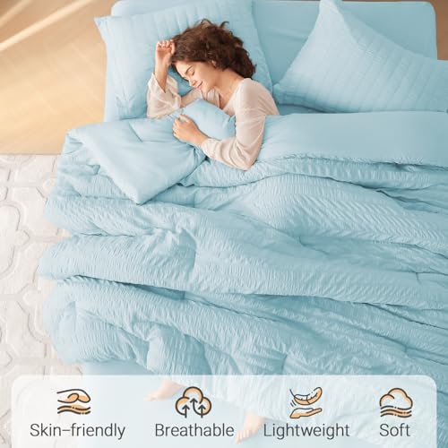 MUXHOMO 7 Pieces Oversized Queen Comforter Set, Seersucker Bed in a Bag - Image 2