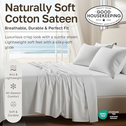 Pack of 2 Soft Natural 100% Cotton Sateen Queen Fitted Sheets, Bright White - Image 3