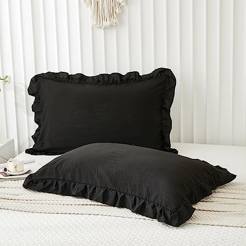 Black Pillow Shams Black Ruffle Queen Pillowcases Cute Pillow Cover Set of 2 by Merryword