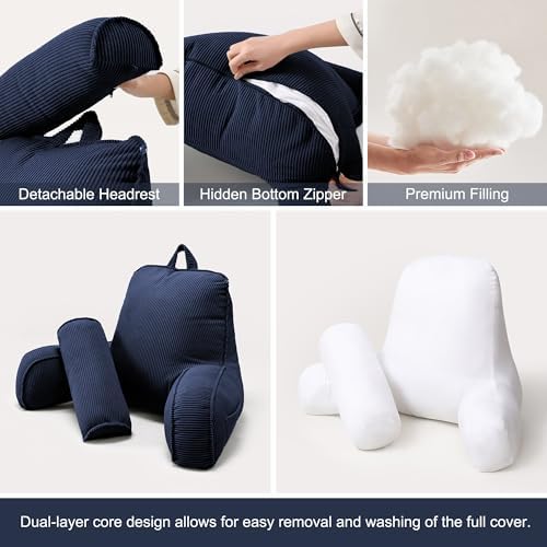 Bed Rest Reading Pillow with Arms & Detachable Headrest, Corduroy Backrest - Image 6