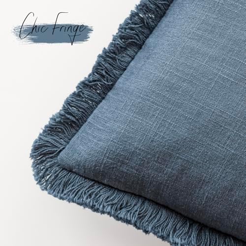 Foindtower Decorative Linen Fringe Throw Pillow Covers 22×22 Inch, Dark Blue - Image 3