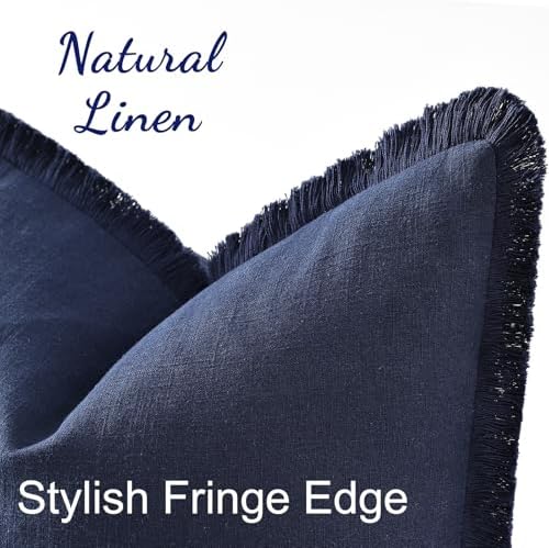 decorUhome Linen Fringe Navy Blue Throw Pillow Covers 20x20 Set of 2 - Image 2