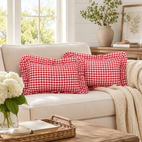 JoraLion Ruffled Throw Pillow Cover 12x20 Gingham Red by JoraLion