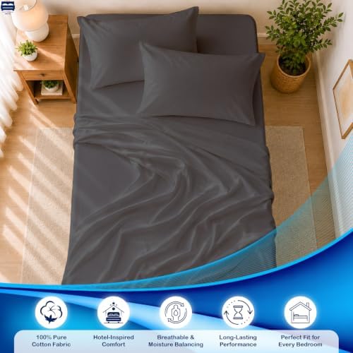 Cottingon 4 PC Cot Sheet Set 33"X75", Egyptian Cotton, Dark Grey - Image 3