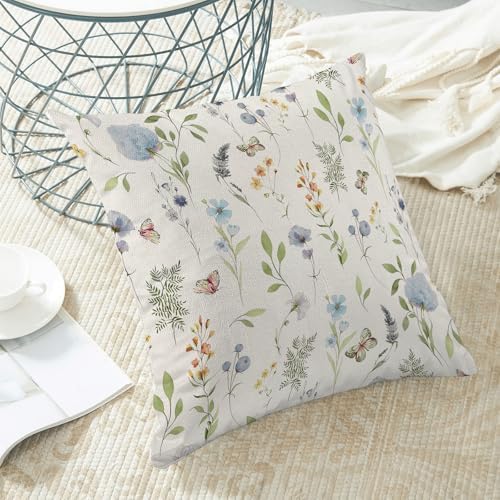 Spring Pillow Covers 18x18 Inch Set of 2, Sage Green Blue Wild Flower Throw - Image 4