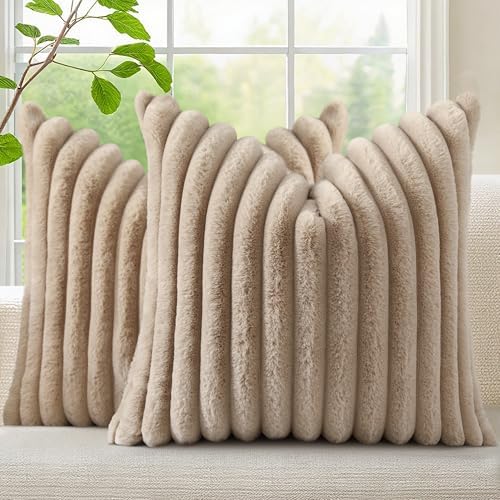 decorUhome Fall Faux Fur Throw Pillow Covers 22x22 Set of 2 Khaki Brown by decorUhome